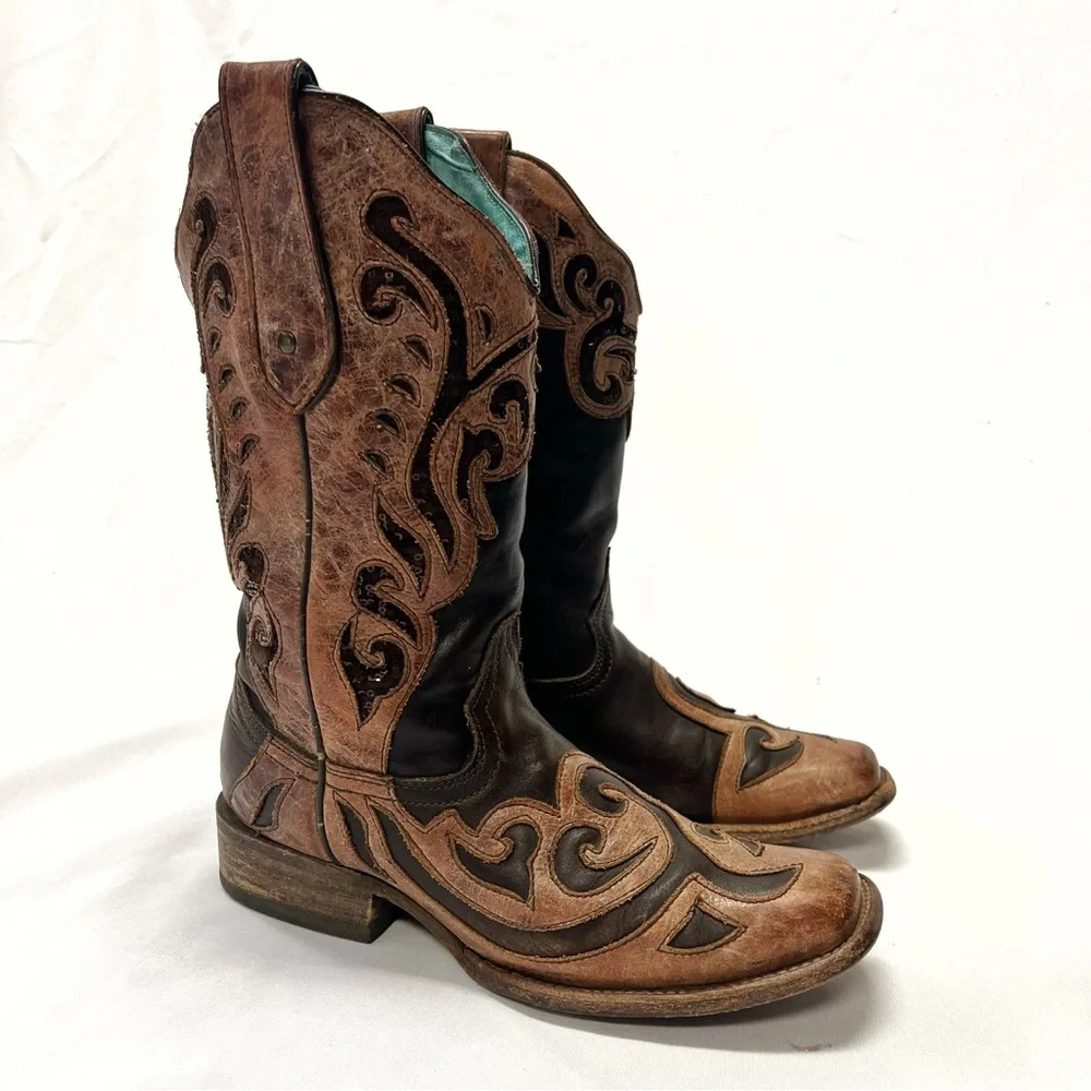 Corral Women’s Leather Two Tone Inlay Brown Square Toe Cowboy Boots Size 9.5 - Picture 1 of 9